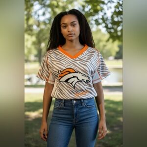 Denver Broncos Zebra Print Embroidered V-Neck T-Shirt